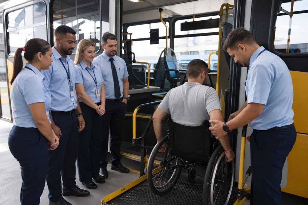 Profissional auxilia pessoa com deficiência em ônibus durante capacitação no transporte público