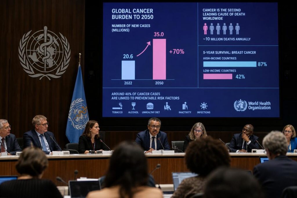 Representação gráfica mostrando o crescimento projetado dos casos de câncer no mundo até 2050
