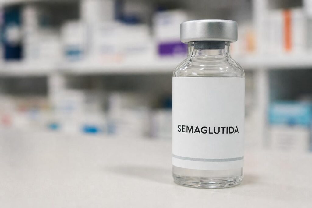 Embalagem de medicamento para diabetes simboliza semaglutida na China em hospitais públicos