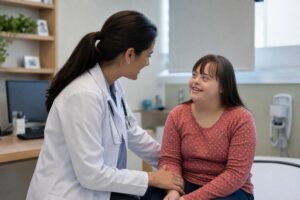Criança em atendimento multidisciplinar para síndrome de Down com apoio familiar