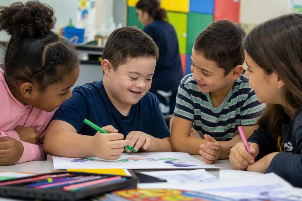 Crianças neurodivergentes em sala de aula com apoio pedagógico inclusivo