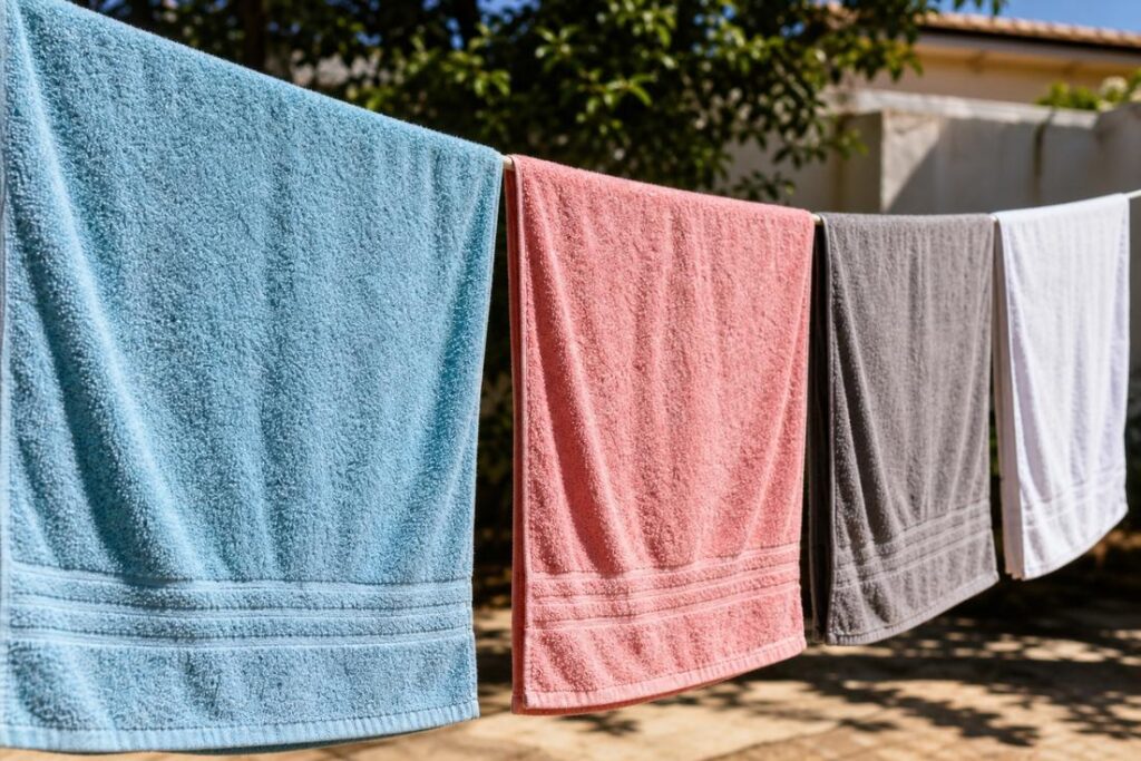 Toalhas de banho estendidas em local ventilado após lavagem para cuidados com toalhas