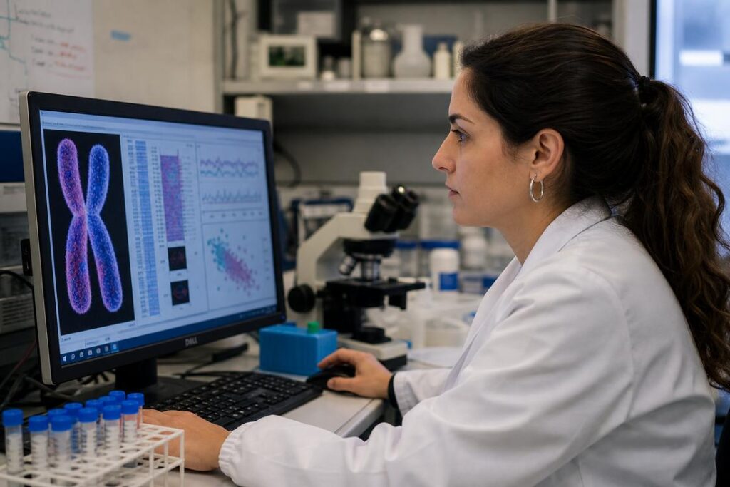 Pesquisadora de jaleco branco analisa a imagem de um cromossomo X em tela de computador em laboratório, ao lado de microscópio e tubos de ensaio