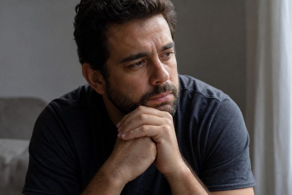 Homem sentado em silêncio representando saúde mental masculina e sinais de sofrimento emocional