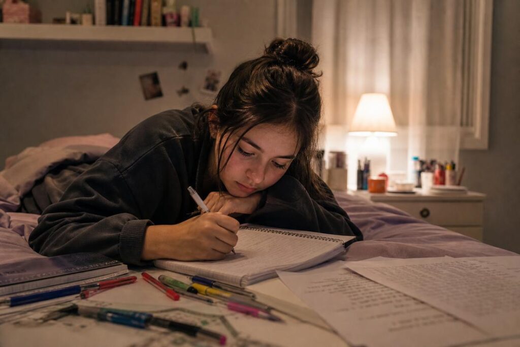 Adolescente imaginando histórias antes de dormir para organizar emoções antes do sono