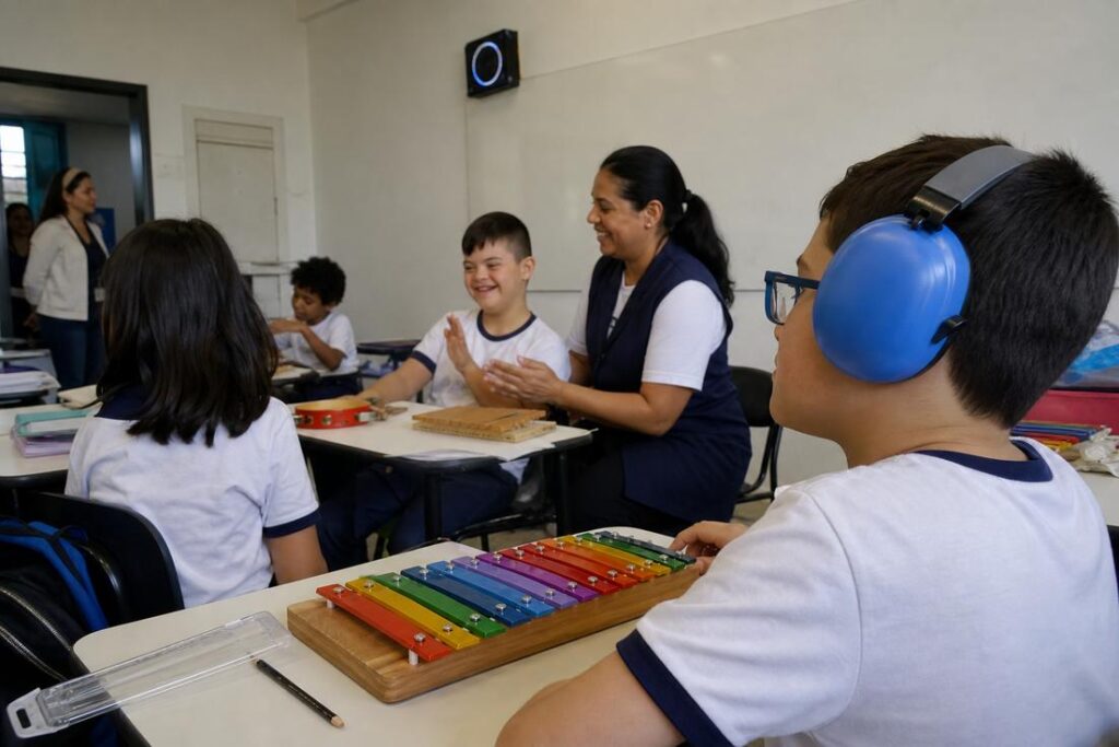 Aluno com abafador de ruído azul toca xilofone em sala de aula, ao lado de colegas e professora em atividade musical inclusiva
