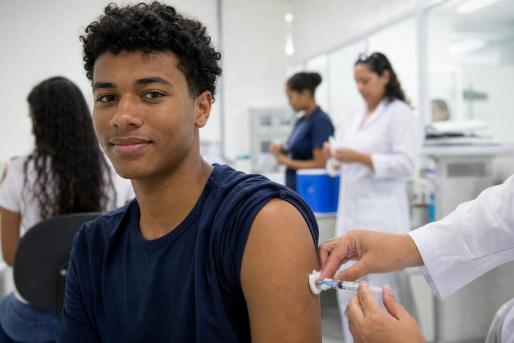 Adolescente recebendo vacinação contra HPV em unidade de saúde pelo SUS