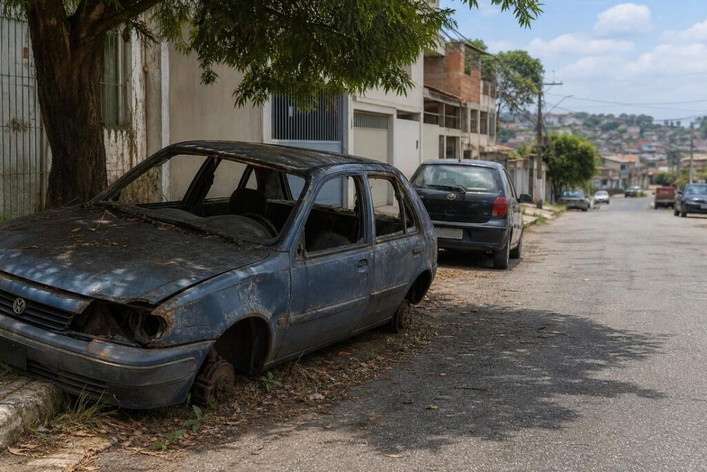 Veículos abandonados em Ipatinga durante operação de retirada em rua da cidade
