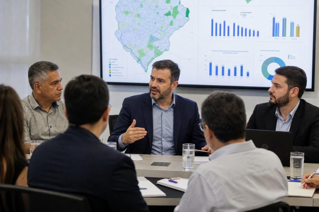 Executivos reunidos em sala com telão exibindo mapa e gráficos, durante apresentação de projeto de concessão