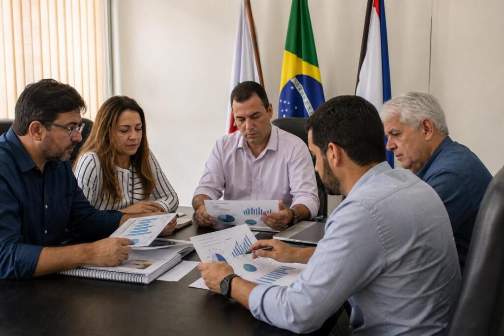 Gestores municipais analisam relatórios com gráficos em reunião, com bandeiras do Brasil e de Minas Gerais ao fundo