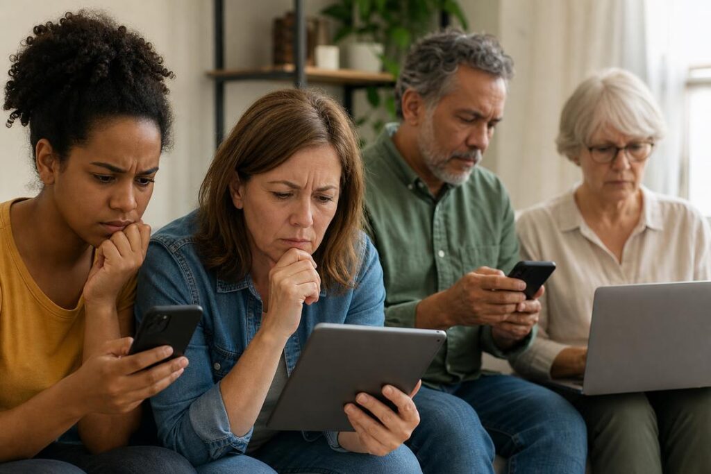 Quatro adultos consultam celular, tablet e notebook, pesquisando informações de saúde em chatbots de IA