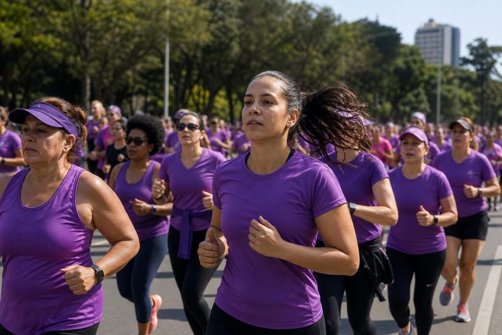 Mulheres reunidas para a Corrida Agosto Lilás na Praça Primeiro de Maio, em Timóteo