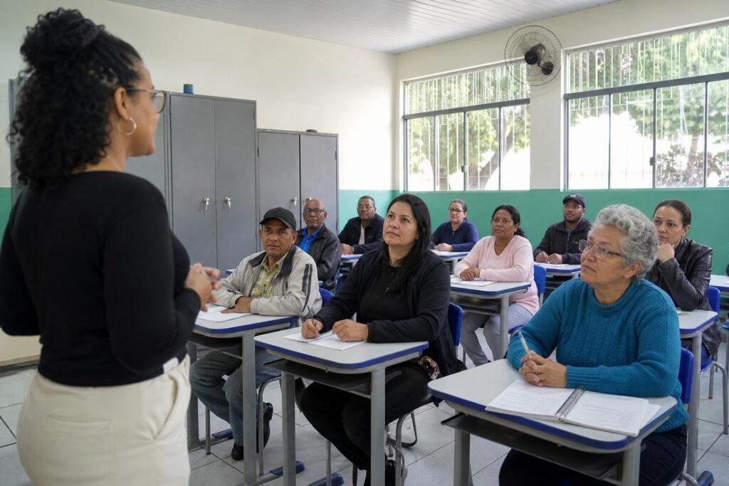Professora em pé diante de estudantes adultos sentados em carteiras escolares, atentos, em sala de aula da Educação de Jovens e Adultos