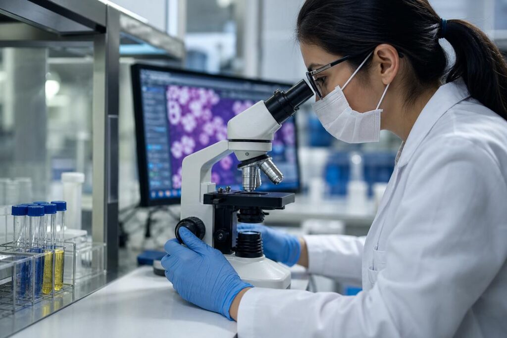 Cientista de jaleco, máscara e luvas observa amostra em microscópio de laboratório, com tela exibindo imagem de microrganismos ao fundo
