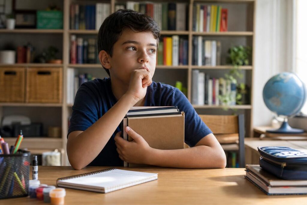 Criança estudando em casa com material pedagógico representando homeschooling no Brasil