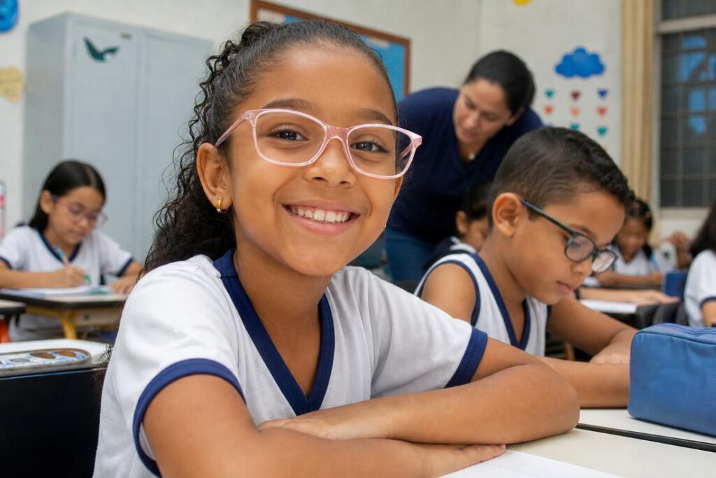 Estudante sorri em sala de aula com os óculos gratuitos do programa De Olho no Futuro, ao lado de um colega também de óculos