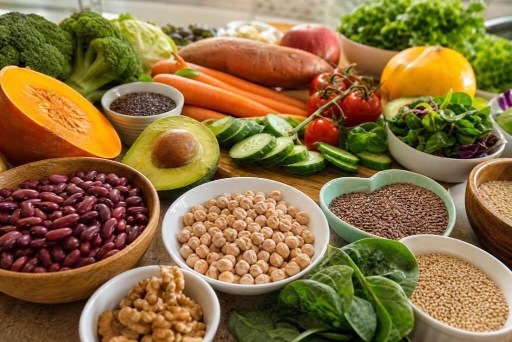 Prato com alimentos de dieta vegetal, como vegetais, frutas, feijões e grãos integrais