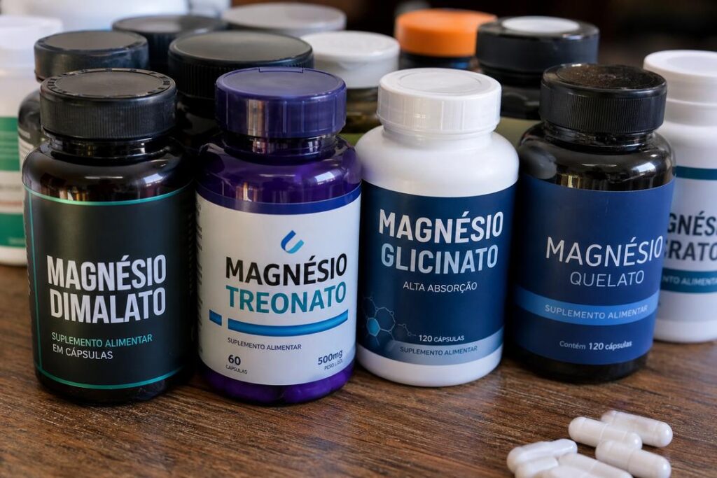 Suplementos e alimentos fontes de tipos de magnésio sobre mesa