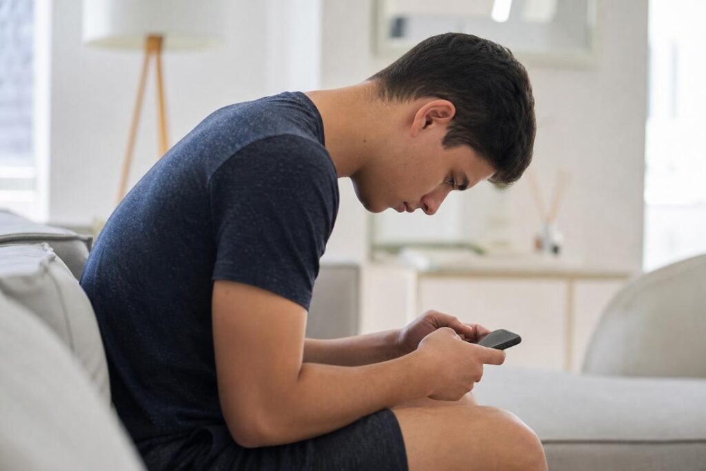 Pessoa usando smartphone com postura no celular ajustada à altura dos olhos